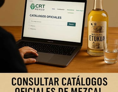 Persona consultando catálogo oficial en laptop con botella de mezcal auténtico