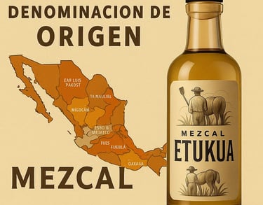 Mapa de las regiones con Denominación de Origen Mezcal en México, destacando Oaxaca, Durango, Guanaj