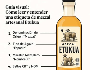 Ilustración de la etiqueta de una botella de mezcal Etukua con flechas y números que señalan y expli