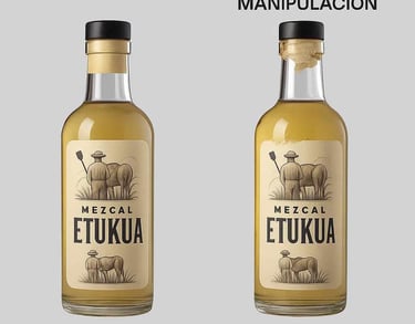 Comparación side-by-side de botella de mezcal auténtico versus reutilizada