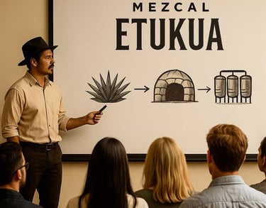 Un experto de Etukua señalando una pizarra o pantalla con información sobre el proceso del mezcal, a