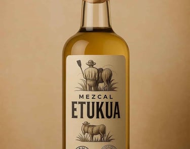 Botella de mezcal con etiqueta que muestra certificaciones CRM y DO