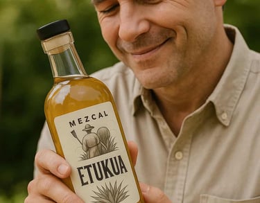 Una persona sosteniendo una botella de Etukua y sonriendo, mientras mira la etiqueta que cuenta una 