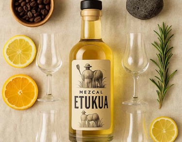 Mesa con elementos sensoriales para una cata: botellas Etukua, copas, ramas de romero, frutas cítric