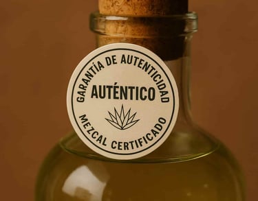 Sello de garantía de autenticidad sobre una botella de mezcal artesanal