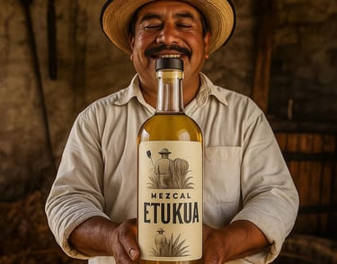 Maestro mezcalero mostrando orgullosamente su producción artesanal en un palenque tradicional, con h