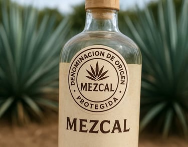 Sello de certificación oficial en una botella de mezcal artesanal sobre fondo de agave