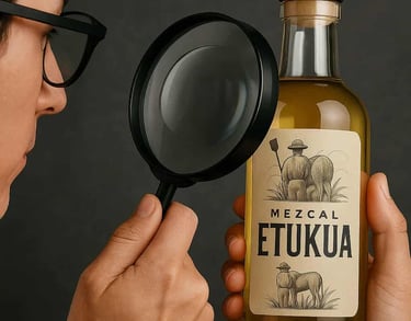 Persona inspeccionando botella de mezcal con lupa