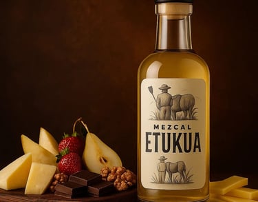 Tabla de alimentos gourmet (quesos, chocolates, frutas) maridados con mezcal artesanal en una cata p