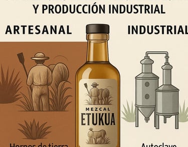 Comparación visual entre el proceso artesanal y industrial del mezcal, mostrando métodos tradicional