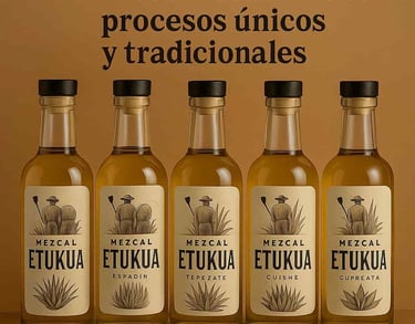 Colección de botellas de mezcal artesanal con diferentes magueyes y métodos de producción