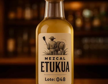 Close-up de etiqueta con número de lote en botella de mezcal artesanal