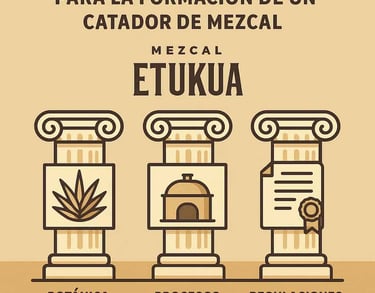  Ilustración de tres columnas que representan los pilares de conocimiento botánico, proceso ancestra