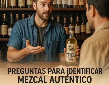 Persona haciendo preguntas a un vendedor de mezcal en una tienda especializada