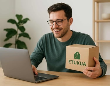 Persona sonriente usando un laptop con un empaque de Etukua listo para ser devuelto, mostrando proce