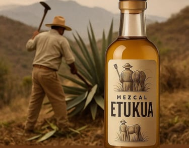 Maestro mezcalero cosechando agave silvestre en las montañas, usando herramientas tradicionales y mo