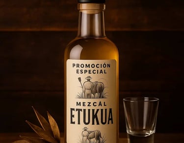Botella elegante de mezcal artesanal Etukua con una etiqueta que destaca una promoción especial, sob