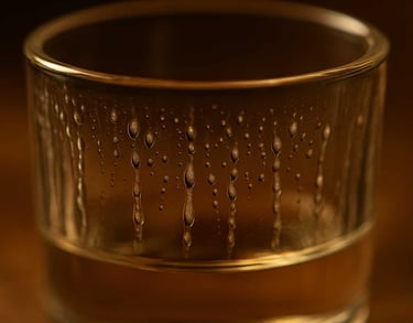 Close-up de perlas deslizándose en vaso de mezcal artesanal