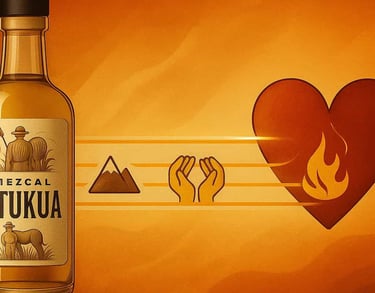 Imagen conceptual que muestra una botella de Etukua en un extremo y un corazón en el otro, conectado