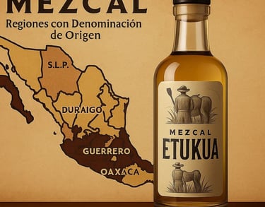 Mapa ilustrado de México destacando los estados certificados para producción de mezcal con denominac