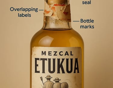 Close-up de señales de reutilización en botella de mezcal