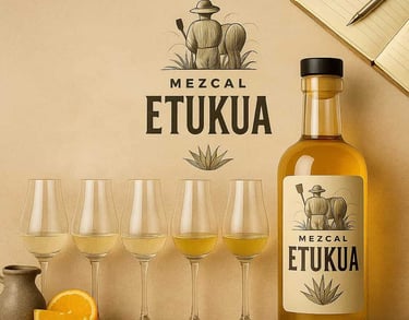 Diferentes copas con mezcal alineadas en una secuencia de cata, mostrando variaciones de color