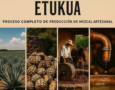 Collage de cuatro imágenes mostrando la secuencia de producción del mezcal: agave en campo, piñas