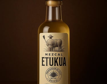 Close-up de una etiqueta de mezcal artesanal con el sello oficial de Denominación de Origen Mezcal.