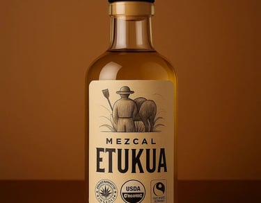 Close-up de etiquetas de mezcal artesanal con sellos de Denominación de Origen, orgánico y comercio 