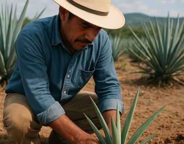 Maestro mezcalero replantando agave joven, representando sostenibilidad en la producción