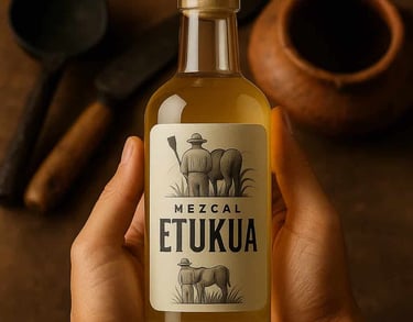 Manos abiertas mostrando una etiqueta de mezcal Etukua con detalles visibles, sobre un fondo de 