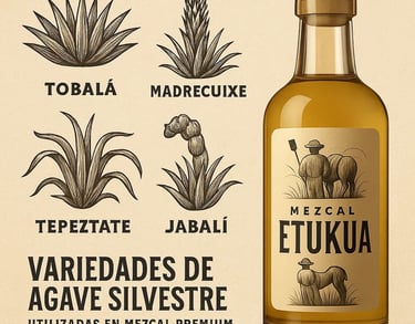 Collage de diferentes tipos de agave silvestre: Tobalá, Madrecuixe, Tepeztate y Jabalí.