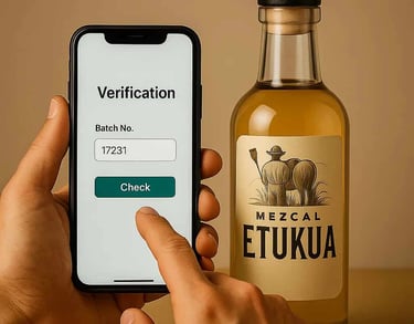 Persona verificando número de lote en smartphone con botella de mezcal