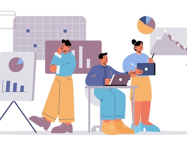 a group of people standing around a table with a laptop showcasing annual reports