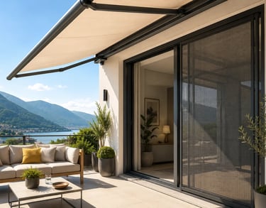 Terrazzo moderno in Ticino con tenda da sole e zanzariera su misura installate su abitazione contemporanea.