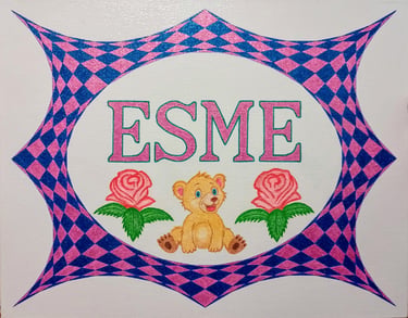 Custom nursery name art for Esme featuring a cute teddy bear, pink roses, and a checkered border.