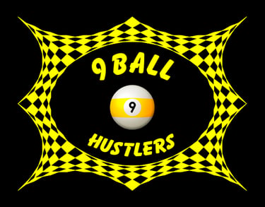 9 Ball Hustlers billiards poster with black and yellow in a checkered picture frame.