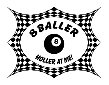 Black and white 8 Baller poster with a pool ball and checkered picture frame.