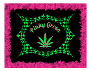Pinky Green marijuana checkered graphic poster with pink cotton candy frame.
