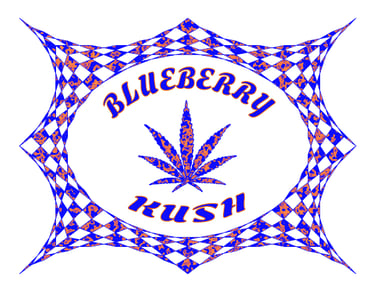 Blueberry Kush cannabis logo with a patterned marijuana leaf inside a blue and orange geometric frame.