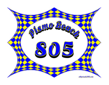 Pismo Beach 805 logo inside a blue and yellow checkered diamond border.