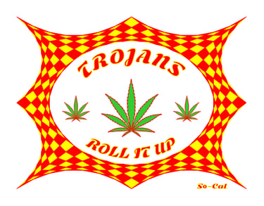 Trojans Roll It Up logo featuring marijuana leaves and a red and yellow checkered pattern.