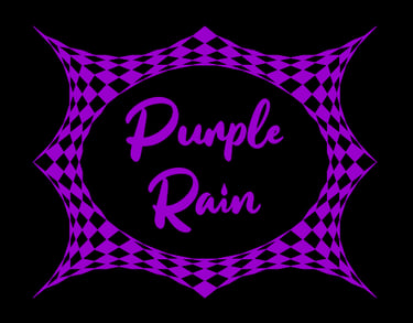 Purple Rain text in a script font centered within a purple and black checkered geometric frame on a black background.
