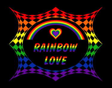 Vibrant rainbow love graphic with a colorful heart, arch, and checkered border on a black background.