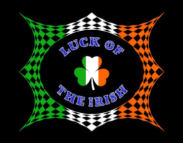 Luck of the Irish graphic featuring a shamrock with Ireland flag colors on a checkered background.