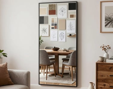 Grand miroir d'intérieur reflétant une salle à manger lumineuse et conviviale.