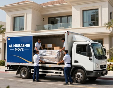 A modern white moving van traveling along a clean avenue lined with modern skyscrapers in Middle Eastern / Gulf (Abu Dhabi, UAE).