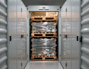 Interior view of a modern climate-controlled storage unit in Middle Eastern / Gulf (Abu Dhabi, UAE) with organized pallets and security systems.