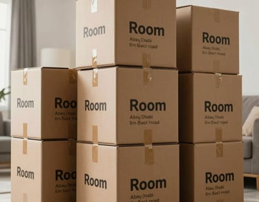 A neat array of heavy-duty cardboard relocation boxes labeled clearly with room destinations in a bright residence in Middle Eastern / Gulf (Abu Dhabi, UAE).