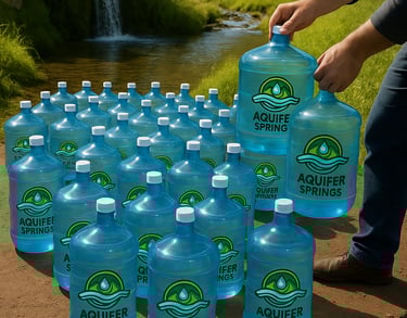 Fifty Aquifer Springs jugs with logo, man’s arms and leg, by waterfall, mountains, trees, and greene
